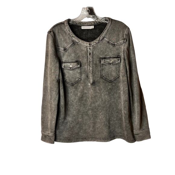 Paper Crane Grey Acid Wash Crew Neck Pocket Top - Picture 1 of 11